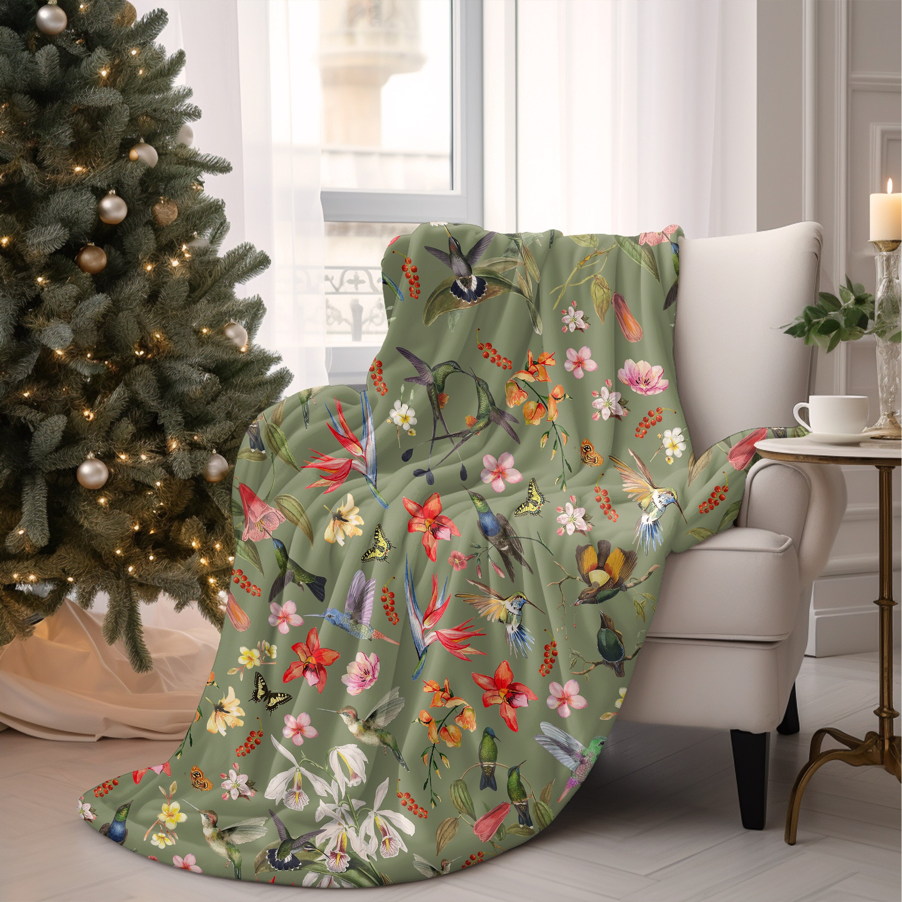 Cozy Cottagecore Decor Hummingbirds and Birds of Paradise Sherpa Fleece Throw Blanket in Sage Green