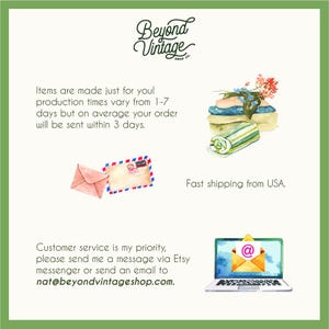 The image is a promotional graphic for a company called "Beyond Vintage Shop Co." It features various items such as a stack of books, a flower arrangement, and a laptop, along with text providing information about the company's shipping and customer service.