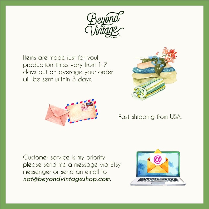 The image is a promotional graphic for a company called "Beyond Vintage Shop Co." It features various items such as a stack of books, a flower arrangement, and a laptop, along with text providing information about the company's shipping and customer service.