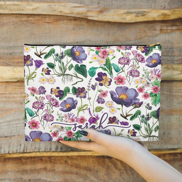 Vintage Primrose, Iris, and Violet Birth Month Floral Wash Bag - February Birth Flower Personalized Makeup Case