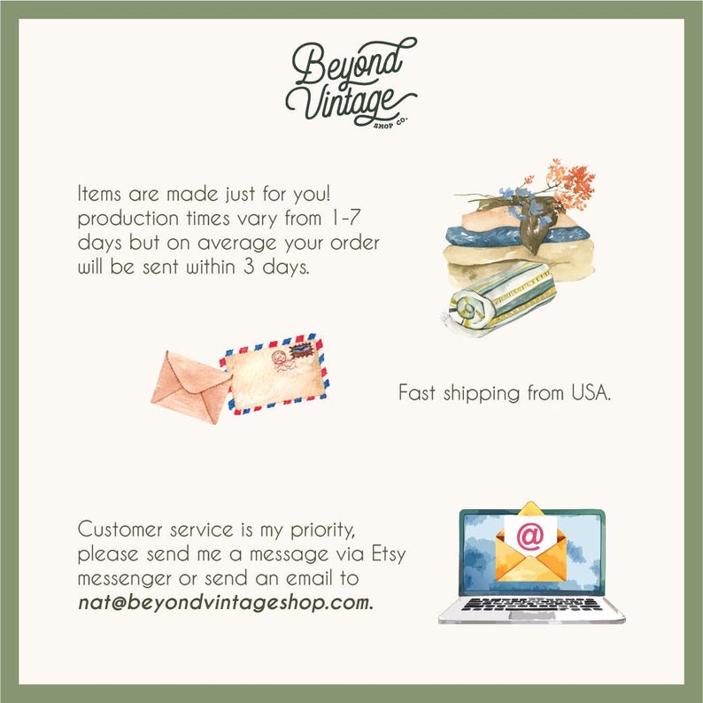 The image is a collage of various items and services related to Beyond Vintage Shop Co., including items made just for you, a fast shipping service from the USA, and customer service.