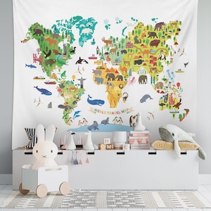 世界地図タペストリー かわいい動物 屋内壁掛け プレイルーム装飾 子供部屋装飾 ウォールアート 教育タペストリー 教室装飾