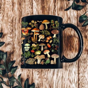Vintage Mushroom Mug: Black Cottagecore Coffee Mug (11oz) image 1