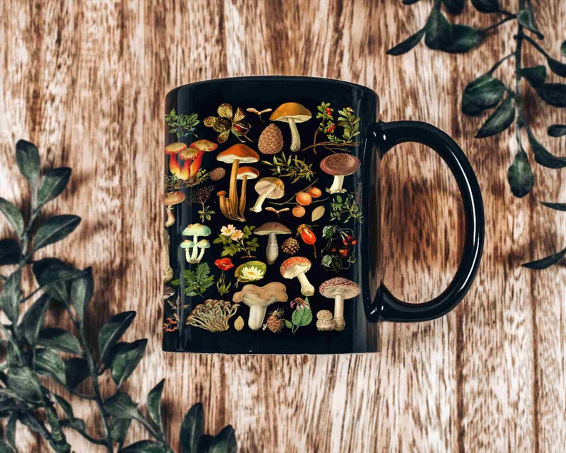 Vintage Mushroom Mug: Black Cottagecore Coffee Mug (11oz) image 1