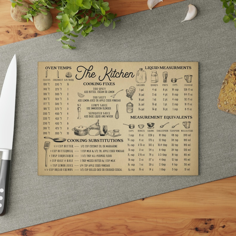Vintage Style Kitchen Measurements Glass Cutting Board, Unique Vintage Style Housewarming Gift, New Home Owners Gift image 4