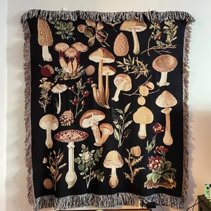 Black Woven Mushroom Blanket, Cottagecore Throw Gift For Mushroom Lover, 100% Cotton Woven Blanket, Fringe Blanket, Gift For Mom