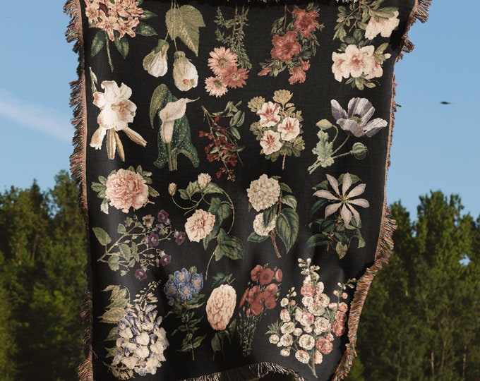 Black Woven Vintage Wildflower Blanket, Flower Throw, Fringe Woven Blanket, Boho Picnic Blanket, Cottagecore Decor, Gifts For Mom