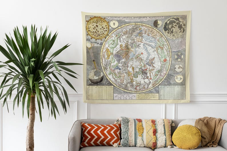 Vintage Zodiac Constellation Map Tapestry: Light Academia Dorm Decor image 2