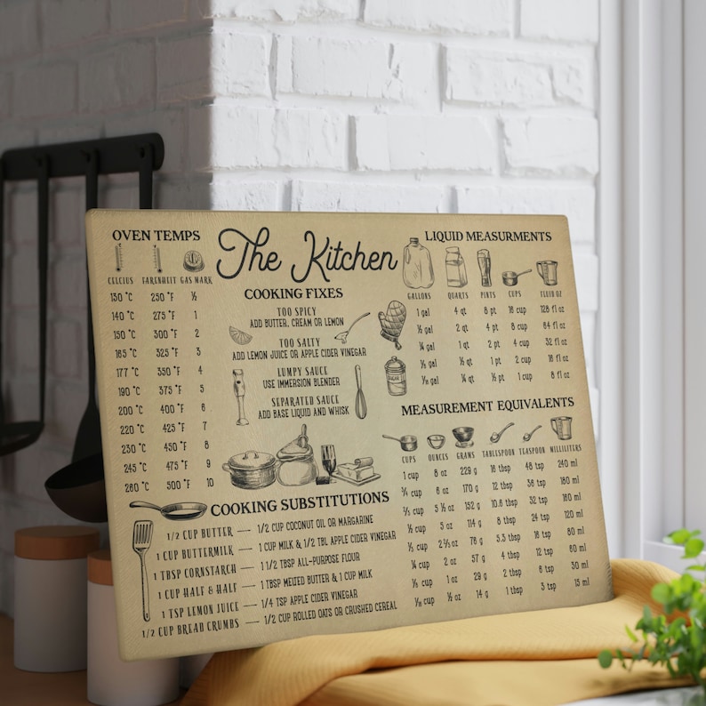 Vintage Style Kitchen Measurements Glass Cutting Board, Unique Vintage Style Housewarming Gift, New Home Owners Gift image 3