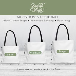 three different sizes of all-over print tote bags, each with a black cotton strap and reinforced stitching. The bags are labeled as small, medium, and large, and the image provides measurements for each size.