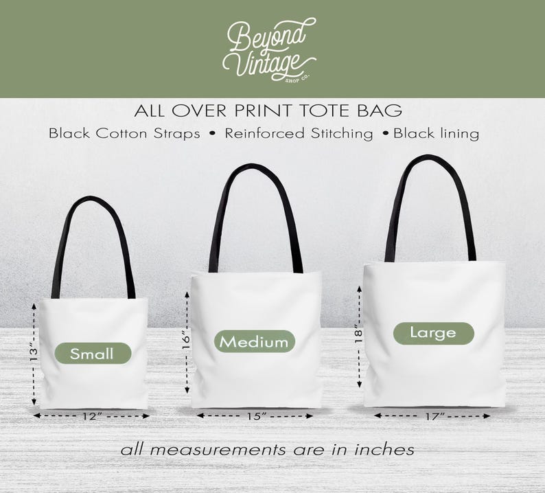 three different sizes of all-over print tote bags, each with a black cotton strap and reinforced stitching. The bags are labeled as small, medium, and large, and the image provides measurements for each size.