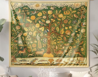 Tree of Life Tapestry, Medieval Vintage Animal Art Wall Hanging, Light Academia Dorm Wall Decor for Bedroom Above Bed or Living Room