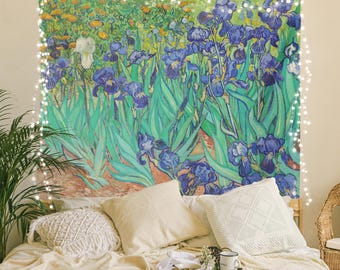 Tapiz de arte vintage 'Iris' de Van Gogh: decoración de pared para dormitorio, arte posimpresionista holandés, tapiz floral para colgar en la pared (¡elige tu tamaño!)