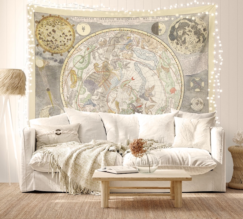Vintage Zodiac Constellation Map Tapestry: Light Academia Dorm Decor image 1