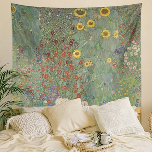 Green Tapestry Above Bed Decor, Gustav Klimt Wall Hanging Art For Art Classroom, Cottagecore Floral Wall Art Aesthetic Tapestry