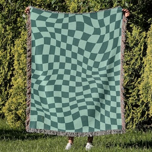 Green Checkered Blanket Woven Throw Blanket Cotton Boho Gifts for Friend Housewarming Gift, gifts for mom