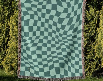 Green Checkered Woven Throw Blanket: Boho Cotton Blanket