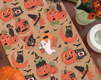 Camino de mesa, estilo gótico vintage de Halloween, estampado de bruja, gato y calabaza / Sarga de algodón, poliéster / 16×72, 16×90
