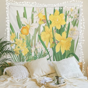Daffodil Floral Tapestry , Vintage Yellow and white Daffodils, Cottagecore Room Decor, Floral Wall Tapestry Aesthetic