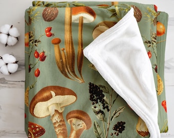 Sage Green Throw Blanket - Vintage Mushroom and Botanical Print