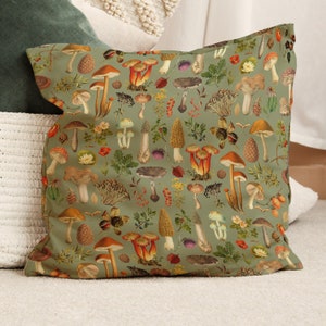 Faux Suede Sage Green Mushroom Throw Pillow Cover, Cottagecore Decor, Vintage Mushroom Decor, Spun Polyester Square Pillow Case Only