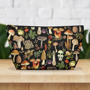 Black Mushroom Accessory Pouch, Cosmetics Case or Pencil Case Gift for her, Mushroom Lover Gift, Cute Mushroom Gifts