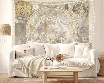 Vintage Zodiac Constellation Tapestry Light Academia Dorm Decor Wall Tapestry Aesthetic Vintage Map Medieval Tapestry, Above Bed Decor