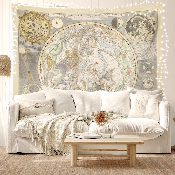 Tapisserie vintage Constellation du zodiaque, décoration légère pour dortoir universitaire, tapisserie murale, carte vintage esthétique, tapisserie médiévale, décoration au-dessus du lit