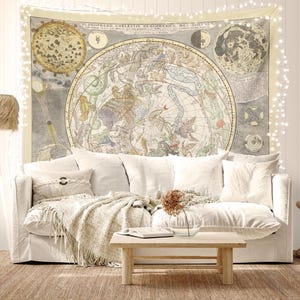 Light Academia Vintage Constellation Tapestry, Ideal Light Academia Aesthetic Wall Hanging, Office Decor, Zodiac Above Bed Decor image 3