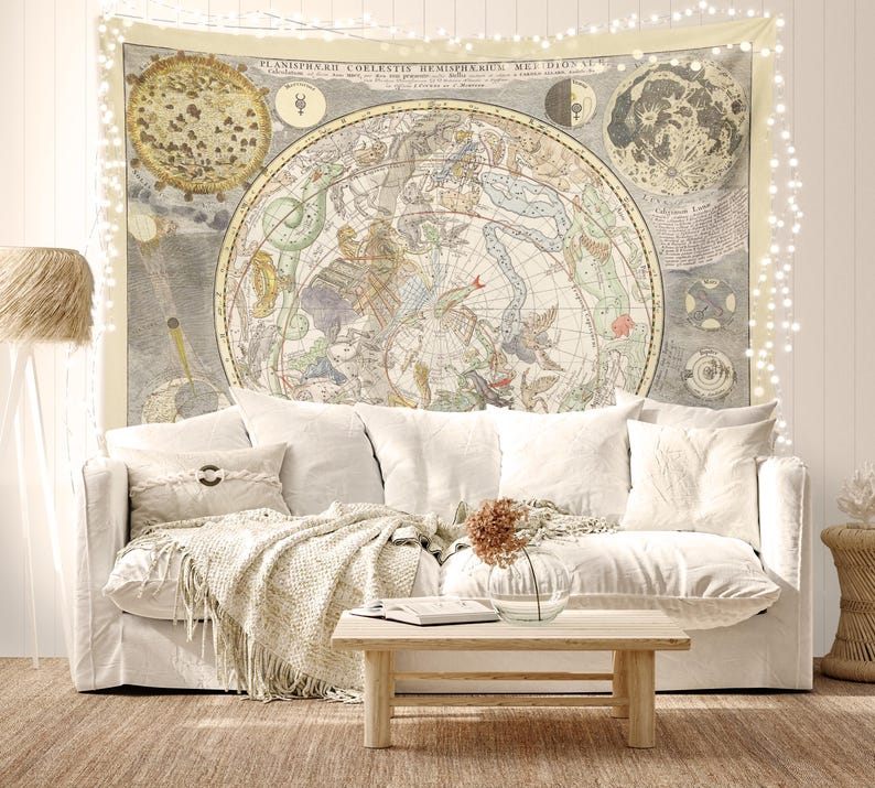 Light Academia Vintage Constellation Tapestry, Ideal Light Academia Aesthetic Wall Hanging, Office Decor, Zodiac Above Bed Decor image 3