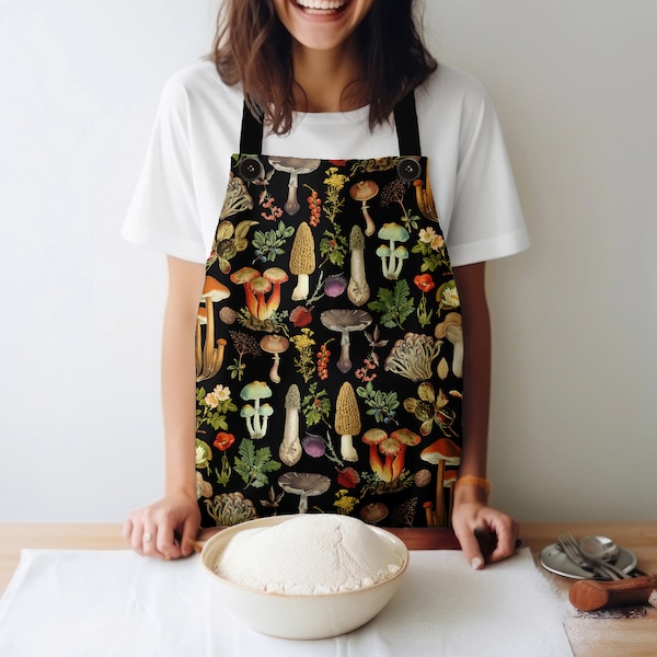 Black Vintage Mushroom Apron, Fungi Gift for Mom Friend or Mushroom Loving Family Member, Hostess Gift