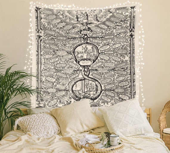 Bedroom with top tapestry and lights