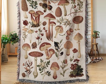 Mushroom Woven Throw Blanket: Beige Cottagecore Decor