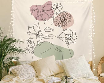 Abstract Thinking Woman Line Art Tapestry Minimalist Pastel Bedroom Decor Sage Green Lavender Pink Boho Decor Dorm Room Above Bed Decor