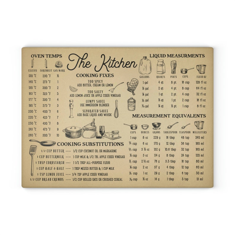 Vintage Style Kitchen Measurements Glass Cutting Board, Unique Vintage Style Housewarming Gift, New Home Owners Gift image 2