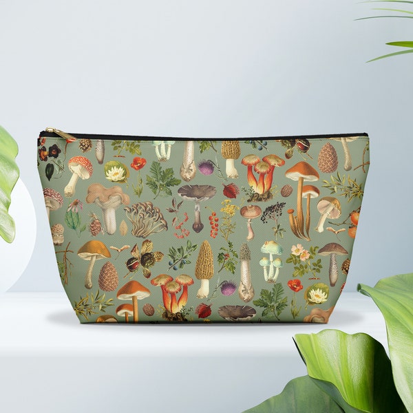 Sage Green Mushroom Accessory Pouch, Cosmetics Case or Pencil Case Gift for her, Mushroom Lover Gift, Cute Mushroom Accessories and gifts