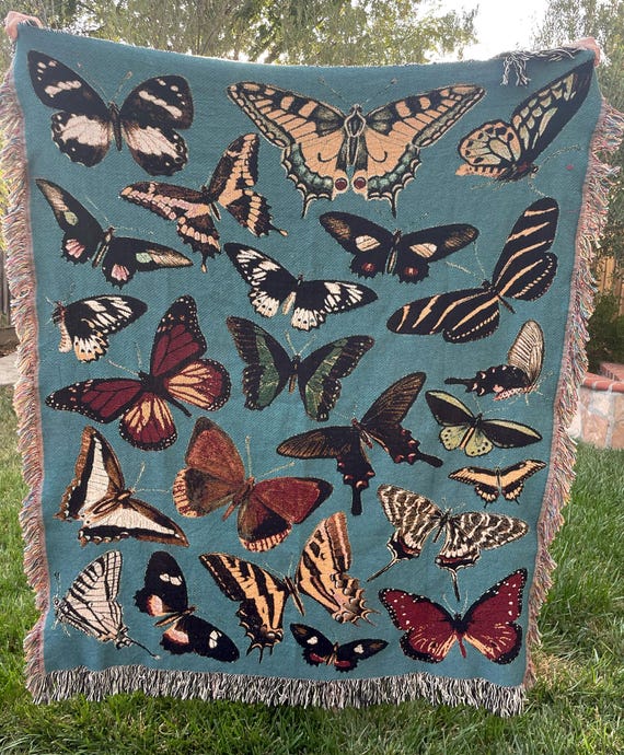 Green Butterfly Woven Throw Blanket: 100% Cotton Cottagecore Decor
