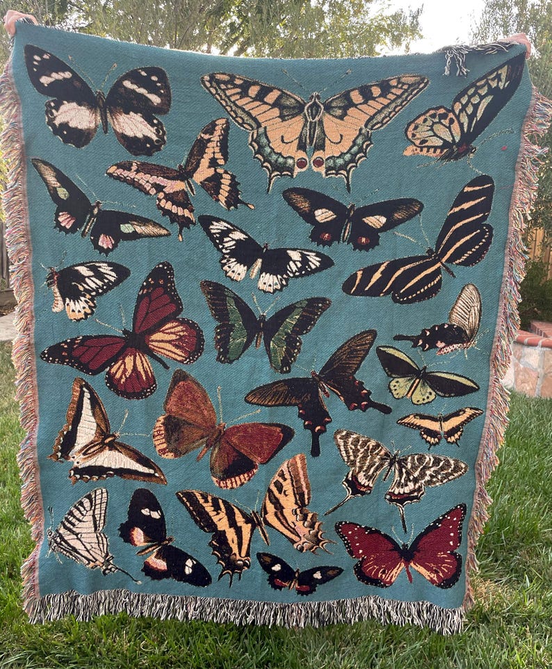Manta tejida con mariposas verdes: 100 % algodón, decoración cottagecore imagen 1