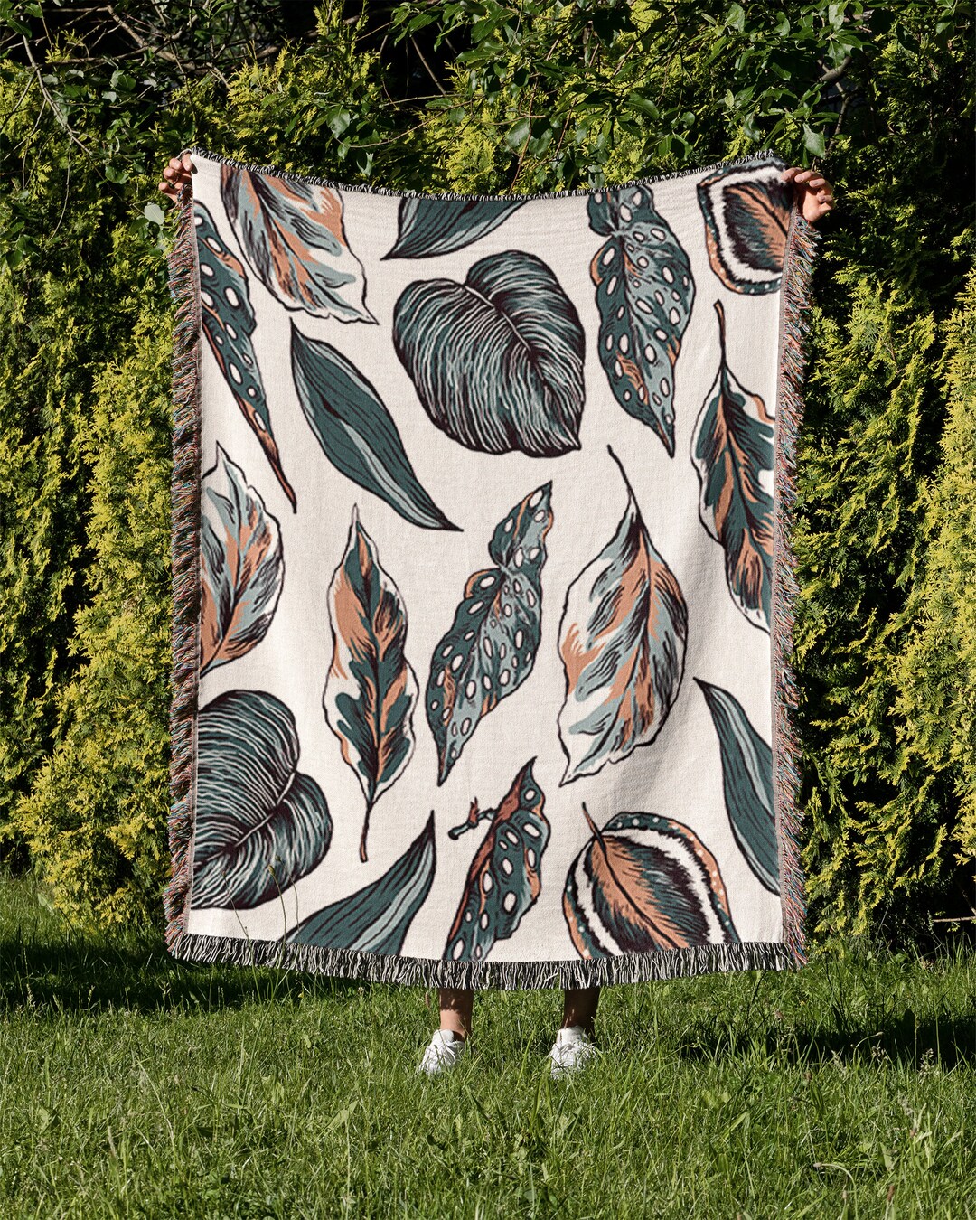Retro Leaves Woven Blanket, Hippie Throw Blanket, Green Yellow Beige Color, Mother's Day Gift