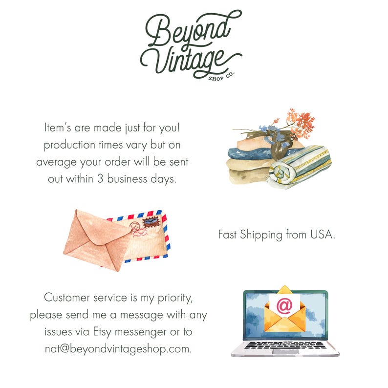 The image is a collage of three different items: an envelope, a book, and a laptop. The text above the items reads "Beyond Vintage SHOP CO." and "Fast Shipping from USA." The text below the items states "Item's are made just for you. Production times vary but on average your order will be sent out within 3 business days." The text at the bottom of the image says "Fast Shipping from USA."