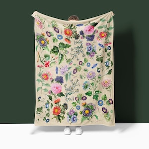 September Birth Flower Blanket, Aster and Morning Glory Vintage Floral Velveteen Throw, Birth Flower Gift For Her
