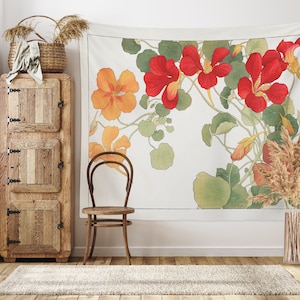 Vintage Nasturtium Wall Tapestry Floral Tapestry Wall Hanging Japanese Wood Block Art For Bedroom Wall Art College Dorm Decor