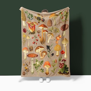 Vintage Mushroom Blanket, Cottagecore Aesthetic, Fall Home Decor Blanket Gift for Mom, Mother&#39;s Day Gift
