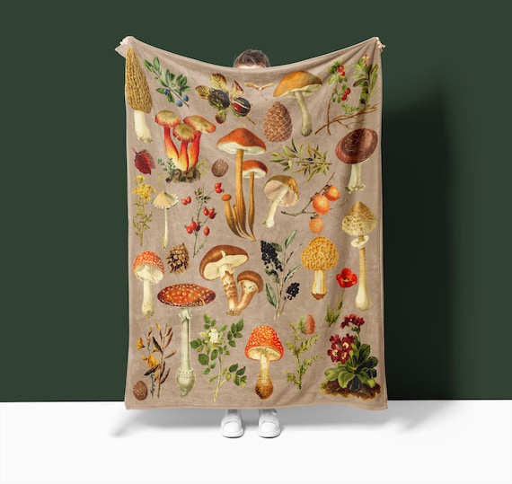 Velveteen Vintage Mushroom Blanket: Cottagecore Botanical Decor