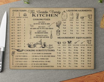 Personalized Vintage Style Kitchen Measurements Glass Cutting Board, Unique Custom Kitchen Decor Housewarming or Birthday Gift