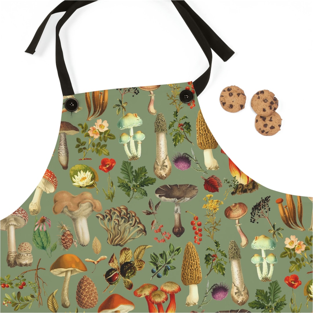 Mushroom Lover Apron Gift, Sage Green Vintage Mushroom Apron Fungi Gift