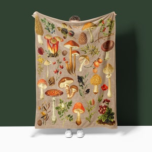 Vintage Mushroom Blanket, Cottagecore Aesthetic, Fall Home Decor Blanket Gift for Mom, Mother's Day Gift
