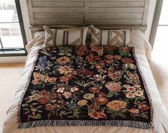 Floral Throw Blanket: Black Vintage Cotton (Woven Wall Hanging Tapestry)