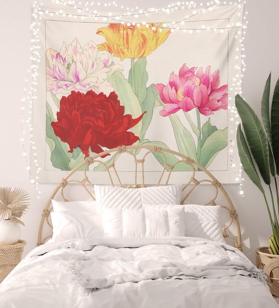 Peonies Floral Tapestry Vintage Peony Wall Tapestry in Shades of Pink Yellow and Red Cottagecore Aesthetic Etsy