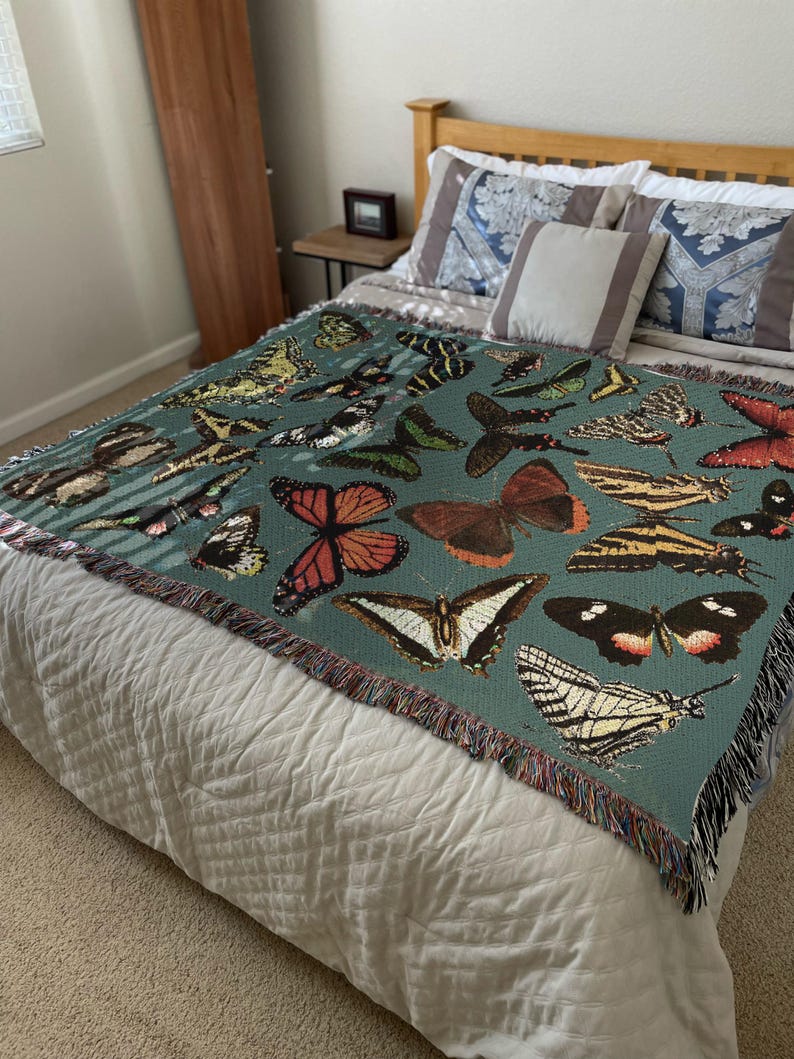 Manta tejida con mariposas verdes: 100 % algodón, decoración cottagecore imagen 3